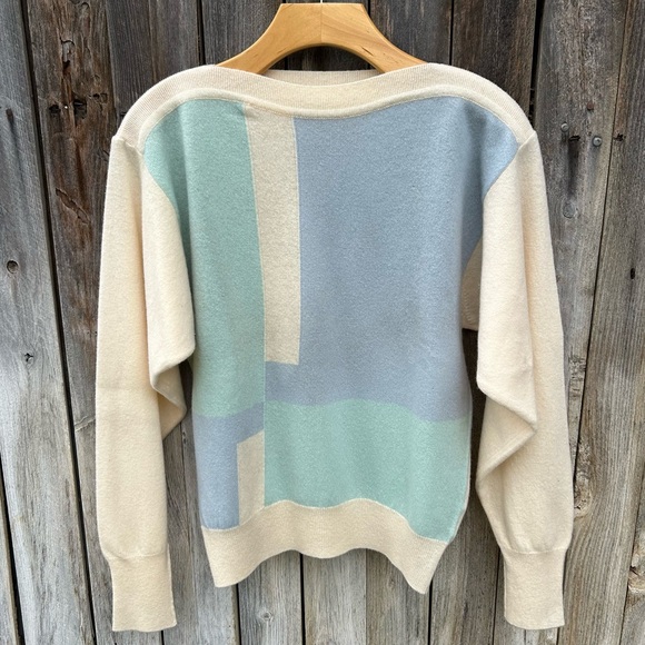Barrie W. Bill LTD Vintage Color Block Sweater Lambswool Cream Blue M - Picture 14 of 14